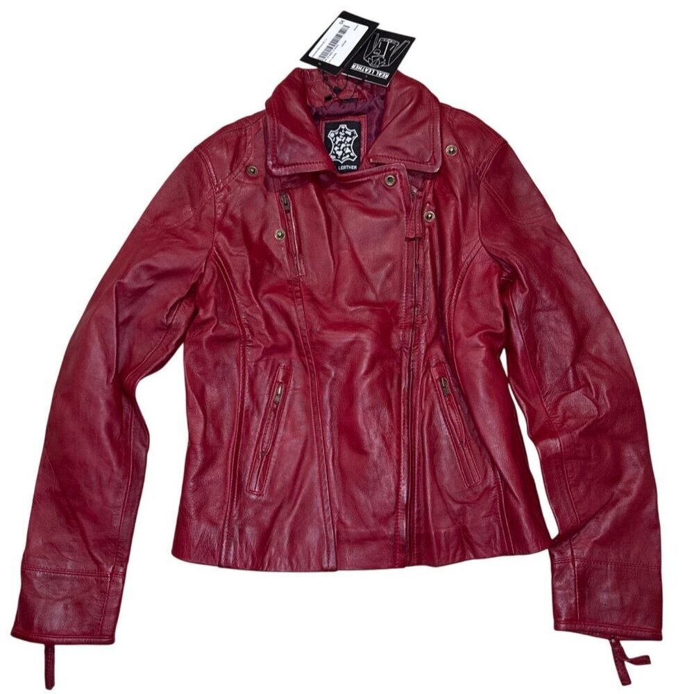 NWT Decrum Ramsey Lambskin Leather Motorcycle Jacket Maroon Large NWT MSRP $239